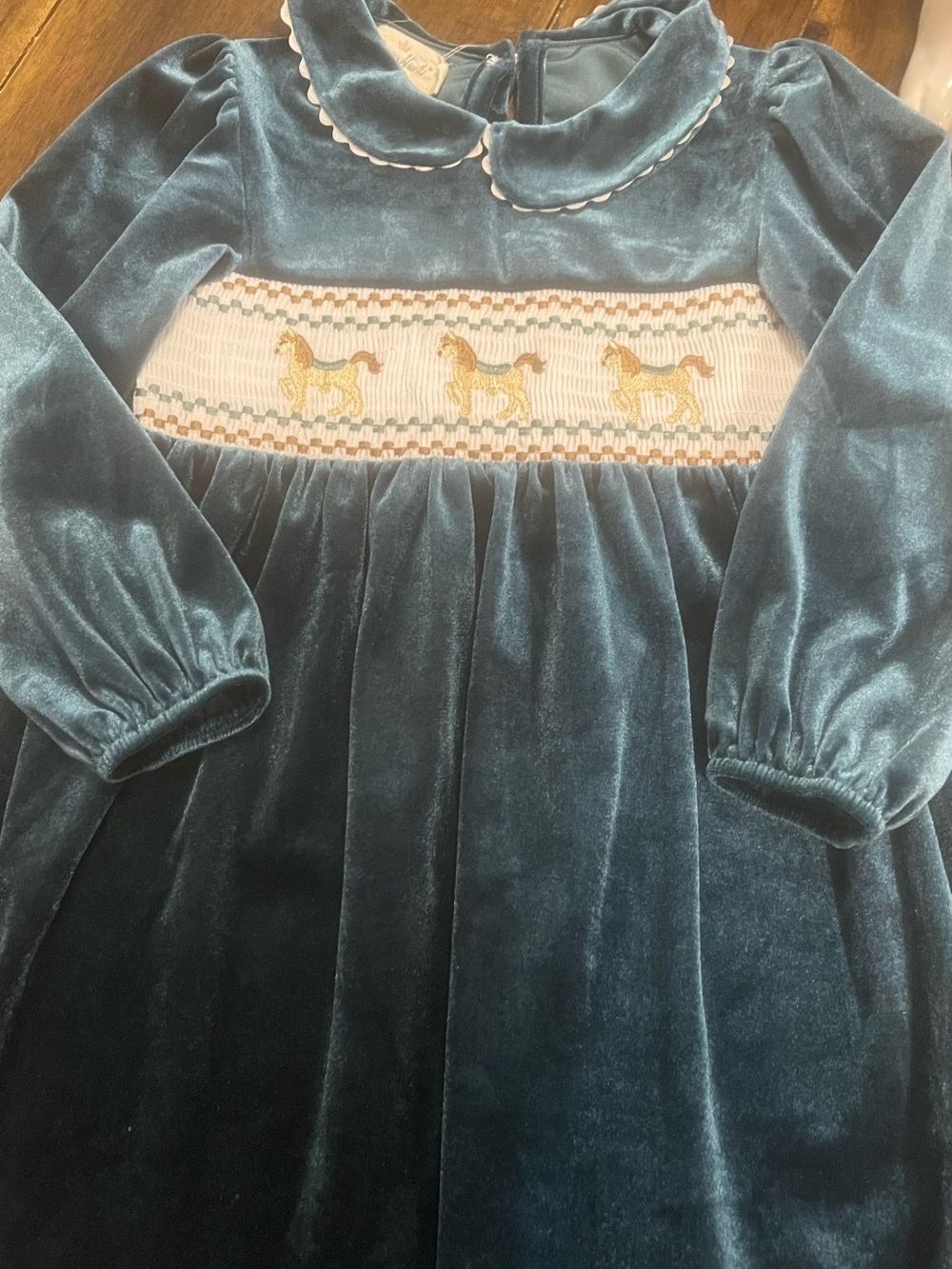 Velvet Smocked Dress with Horse Motif - Teal Blue